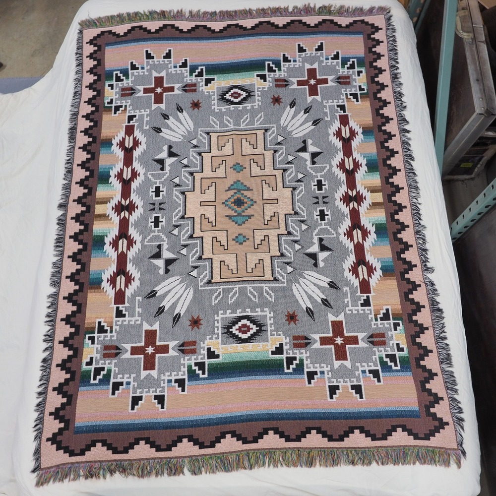 Vintage Southwestern Geometric Aztec Tapestry Tribal Blanket Throw Woven USA